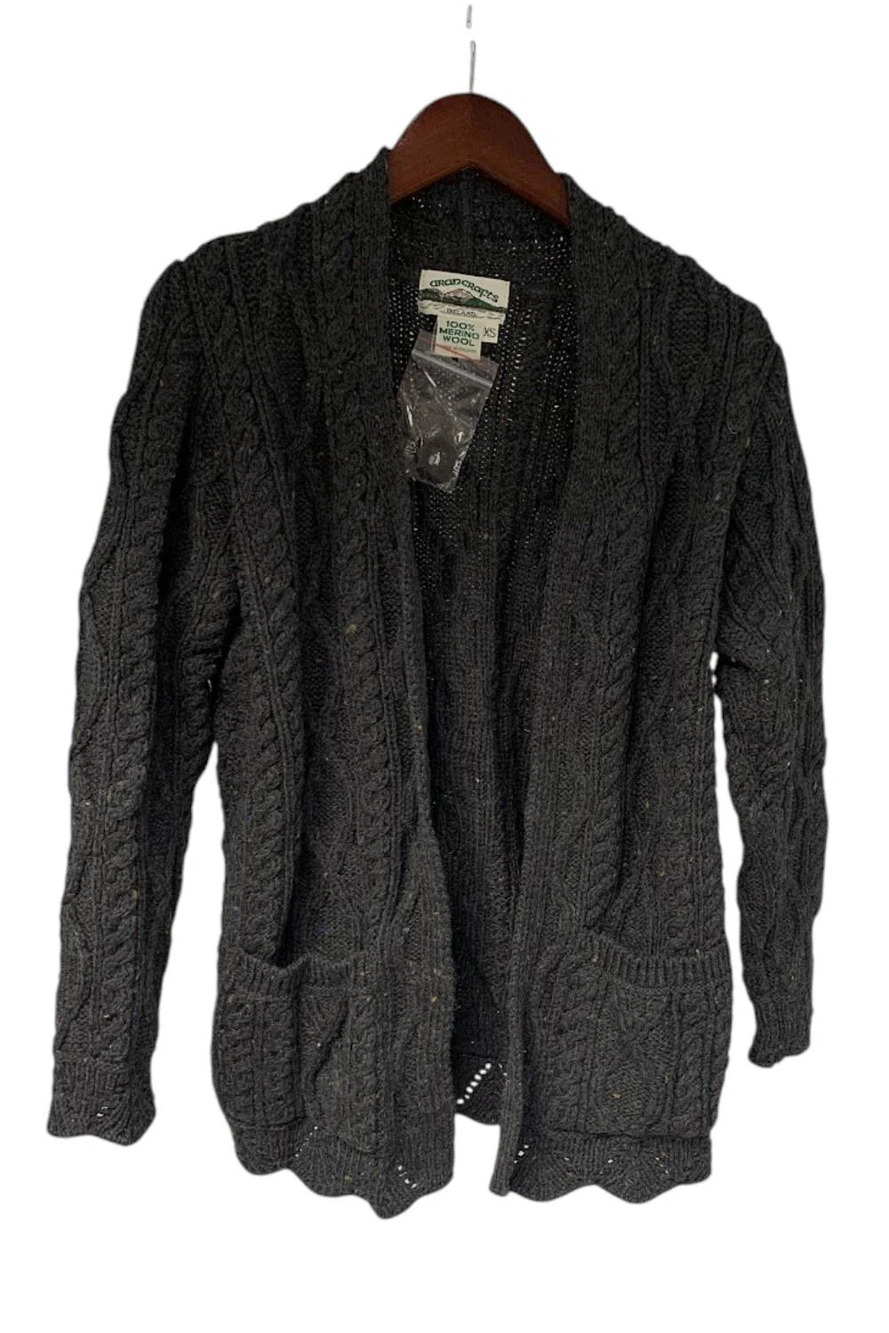 Aran Craft Women's Merino Wool Cardigan w Scalloped Trim Charcoal - Regular